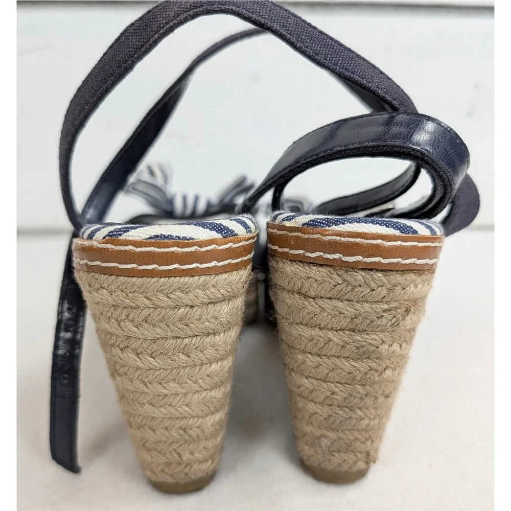American Eagle Womens 7W Navy Stripe Bow Espadrille Platform Wedge Sandals